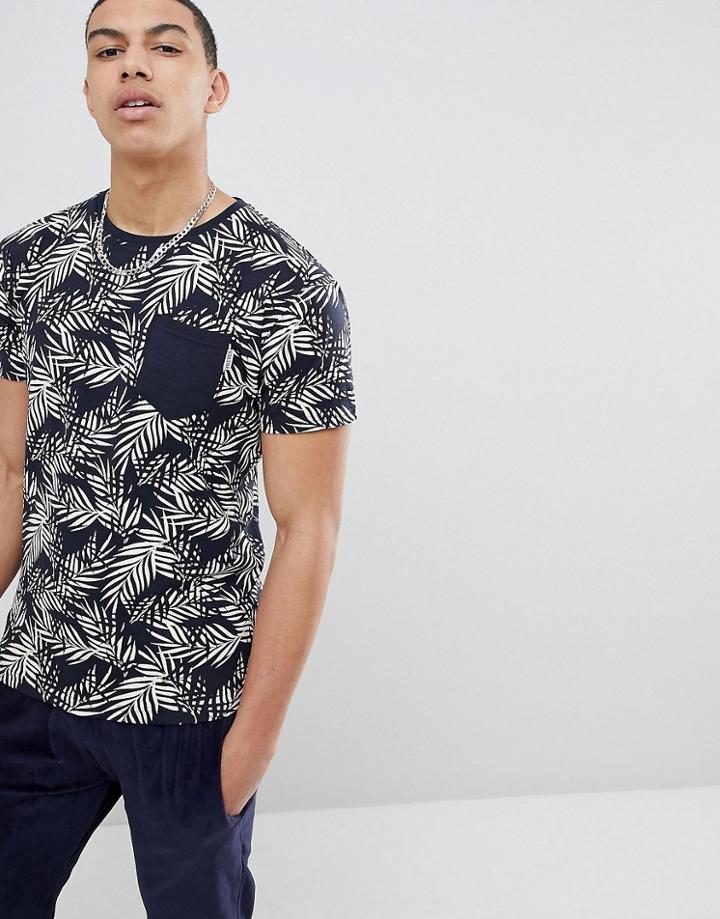 Soul Star Palm Leaf Print Pocket T-shirt - Navy