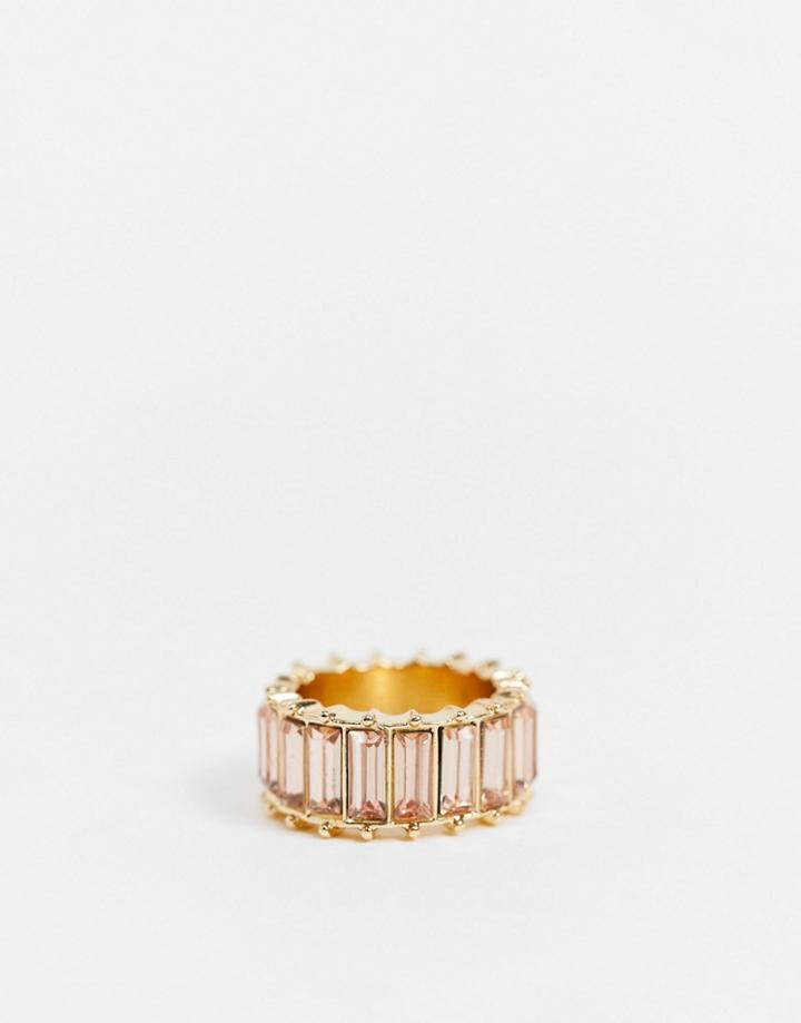 Asos Design Ring With Pink Baguette Stones In Gold Tone