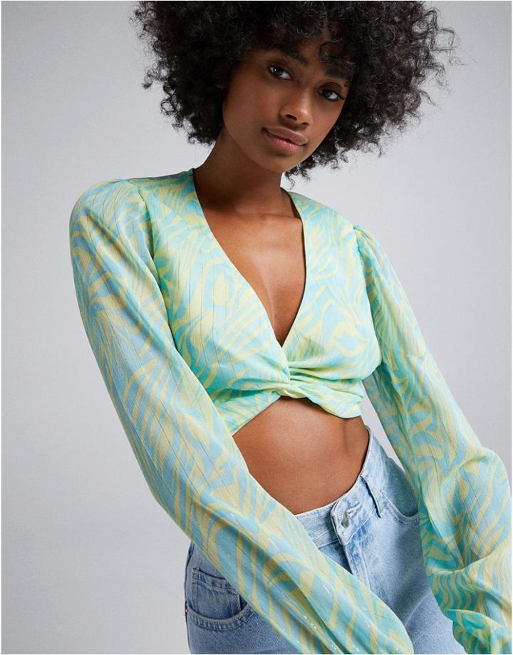 Bershka Satin Long Sleeve Crop Top In Retro Green Print
