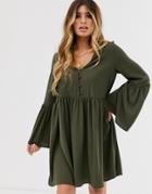 Asos Design Button Through Mini Smock Dress With Fluted Sleeves In Khaki-green