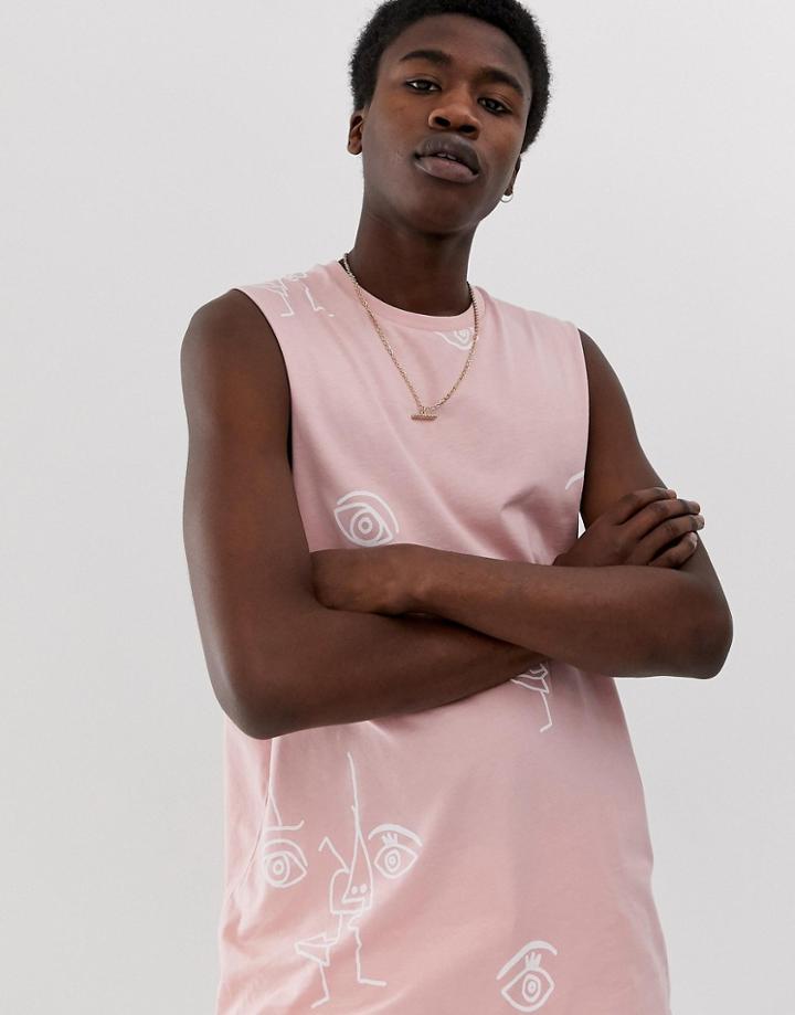 Asos Design Relaxed Fit Tank With Line Drawing Print - Pink