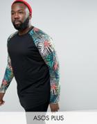 Asos Plus Super Longline Long Sleeve T-shirt With Floral Raglan And Curve Hem - Black