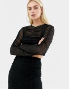 Collusion Ruched Mesh Long Sleeve Top - Black