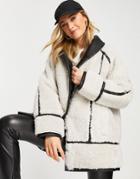 Asos Design Sherpa Oversized Shawl Collar Aviator Jacket In White