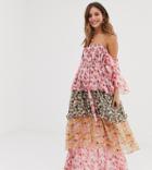 White Sand Contrast Off Shoulder Tiered Maxi Dress In Floral Print - Multi