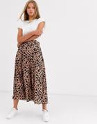 Asos Design Floaty Midi Skirt With Button Waist Detail In Leopard Print