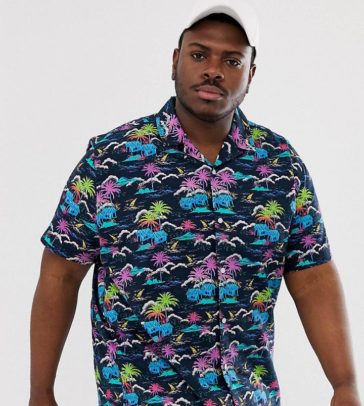 Asos Design Plus Oversized Revere Collar Shirt In Palm Print - Black