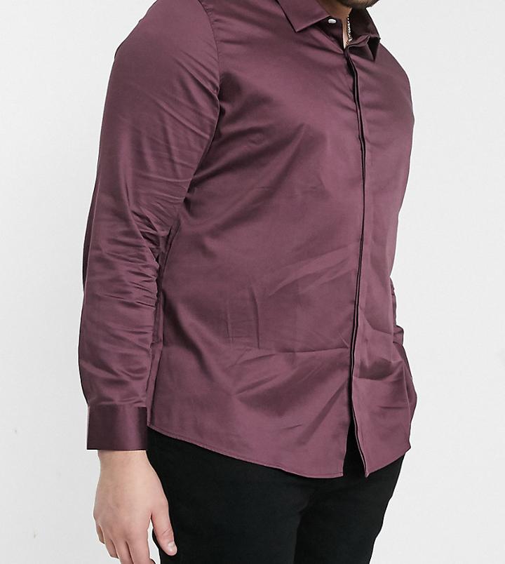 Asos Design Plus Slim Fit Sateen Shirt In Berry-red