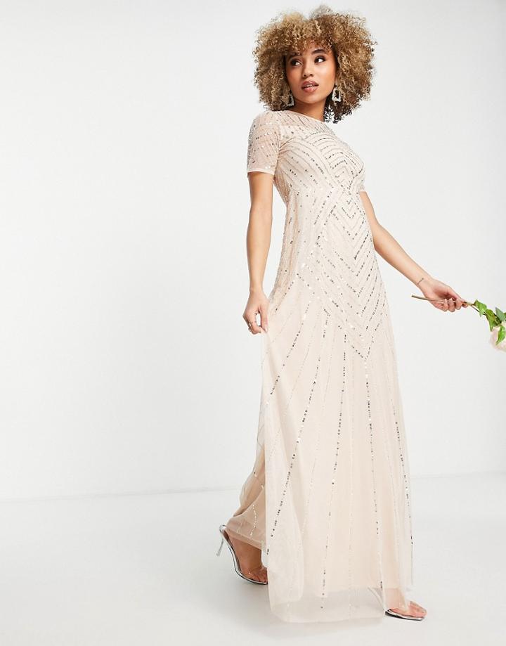 Frock And Frill Bridesmaid Short Sleeve Maxi Dress With Embellishment In Blush-pink