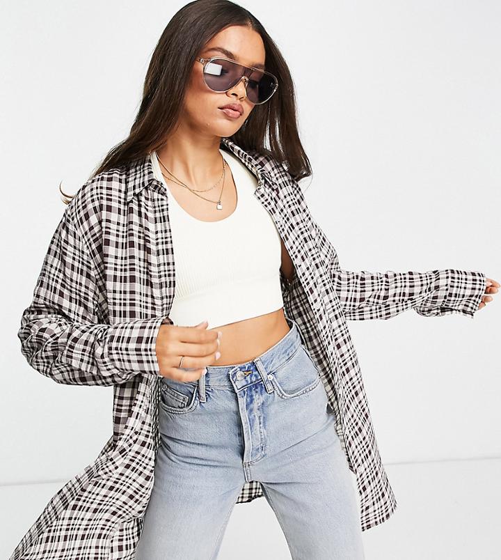 Asos Design Petite Oversized Seersucker Shirt In Brown Check
