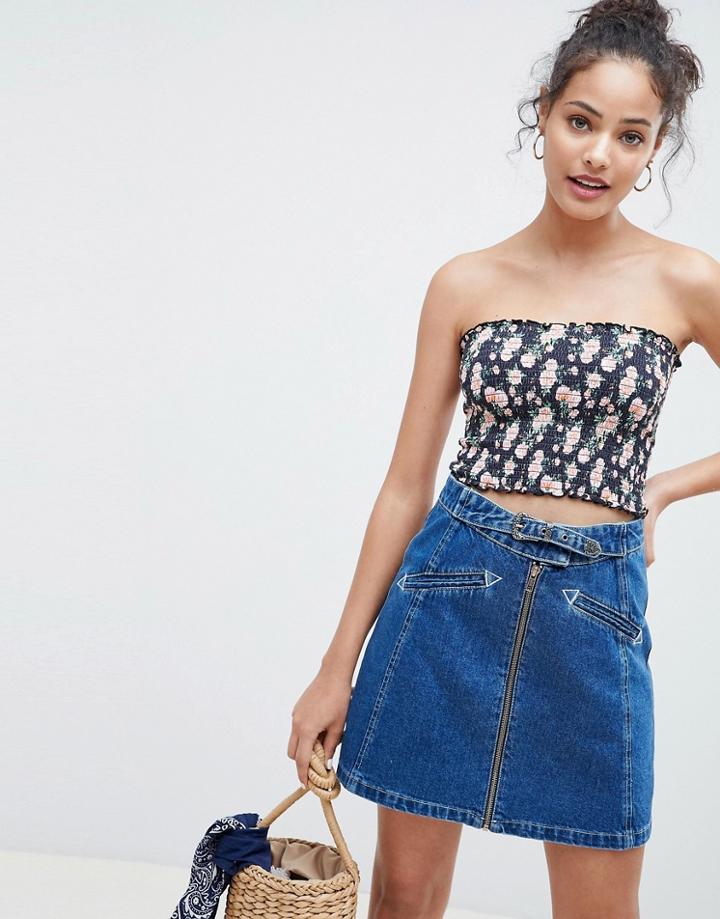 Asos Design Shirred Bandeau Crop Top In Floral Print - Multi