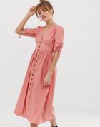 Glamorous Button Front Midi Tea Dress With Full Skirt And Ruched Sleeves