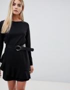 Asos Design Belted Mini Dress With Ruffle Hem - Black