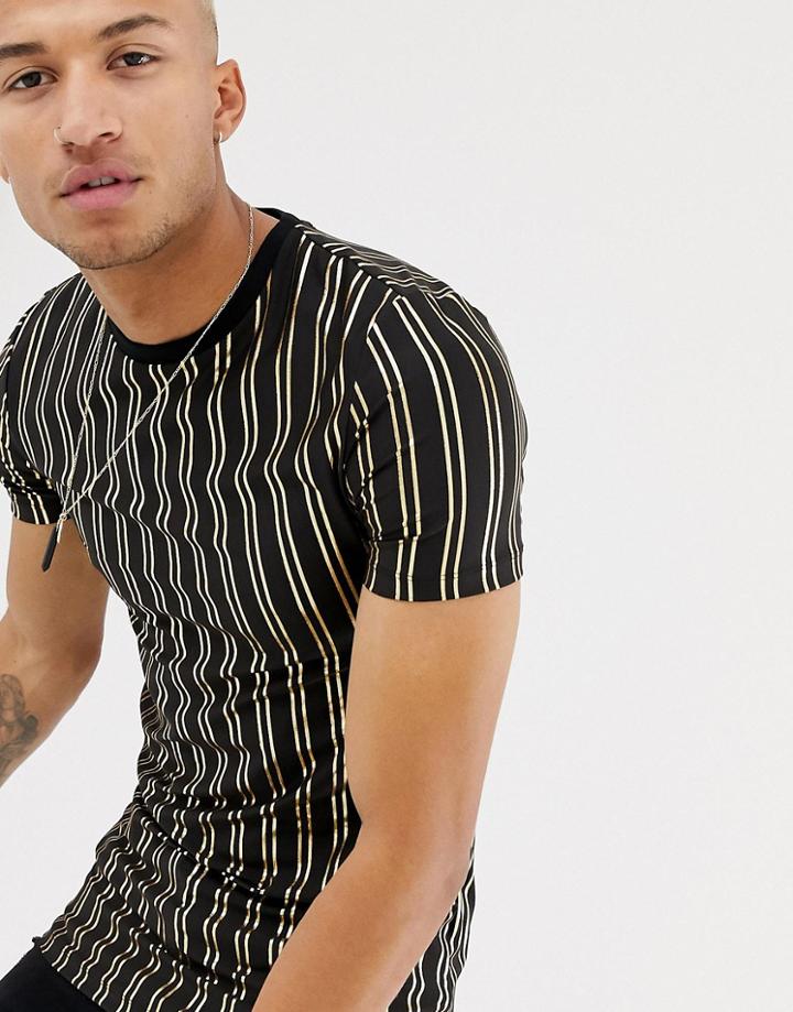 Asos Design Muscle Fit Longline T-shirt With Gold Vertical Stripe - Black