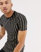 Asos Design Muscle Fit Longline T-shirt With Gold Vertical Stripe - Black