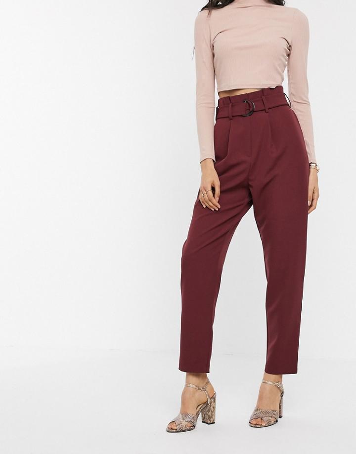 Asos Design Paperbag Pants With D Ring In Oxblood-red