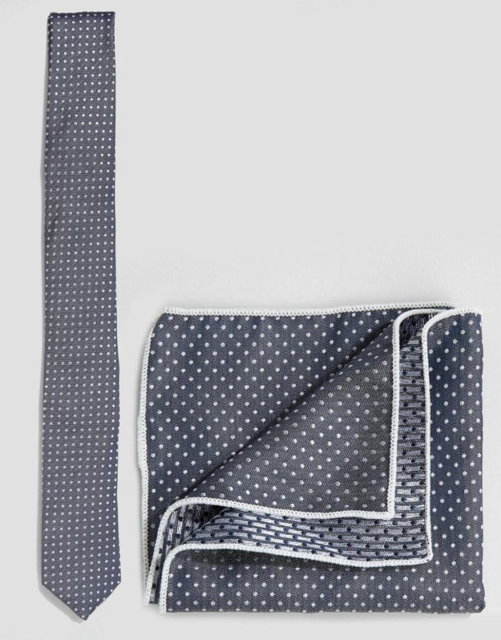 Minimum Tie And Pocket Square Set In Polka Dot - Blue