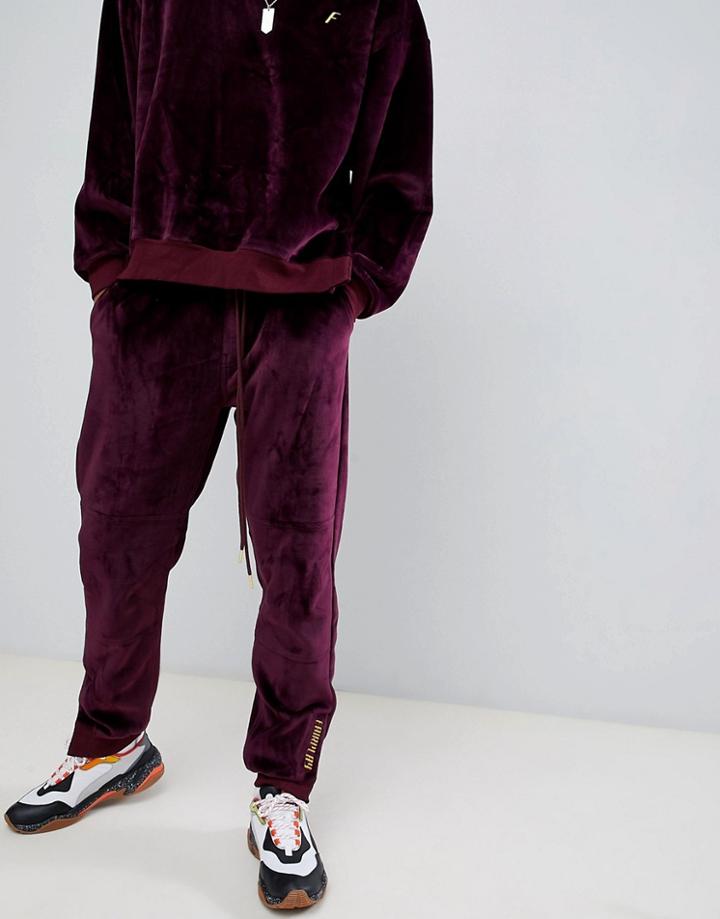 Fairplay Velour Joggers With Embroidery In Burgundy - Red