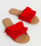 Prettylittlething Flat Sandals With Fringe And Pom Pom Detail In Red - Red