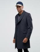 Asos Wool Mix Double Breasted Overcoat In Charcoal - Gray