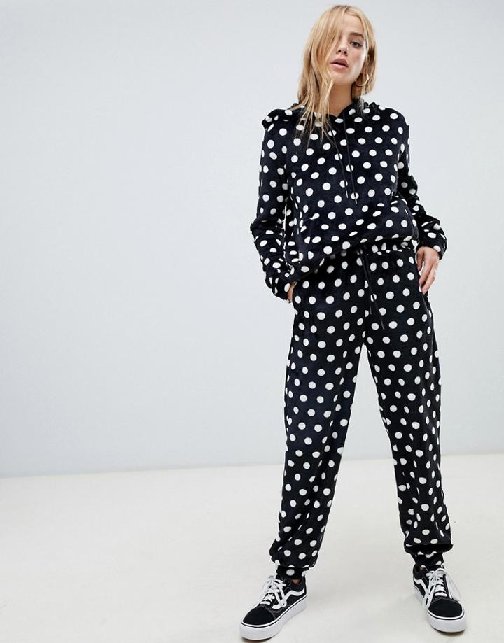Daisy Street Relaxed Joggers In Faux Fur Polka Dot Two-piece - Black