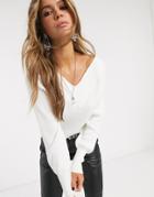 Object Ribbed Sweater With V Neck In Cream-white