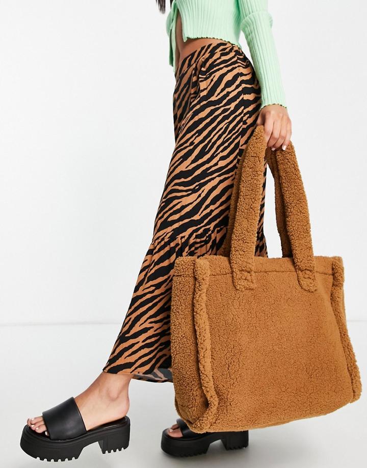 Asos Design Oversized Borg Tote Bag In Brown - Beige-neutral