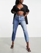 River Island Carrie Two Tone High Waisted Mom Jeans In Blue