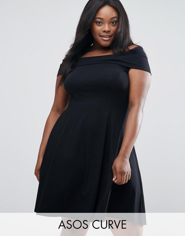 Asos Curve Deep Bardot Mini Skater Dress - Black