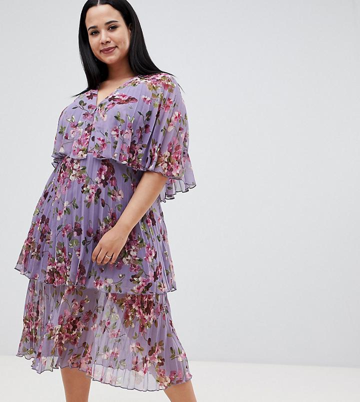 Asos Design Curve Soft Pleated Tiered Midi Dress In Lilac Floral-multi