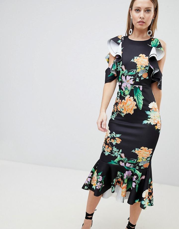 Asos Design Floral Scuba Ruffle Cold Shoulder Pephem Midi Dress - Multi