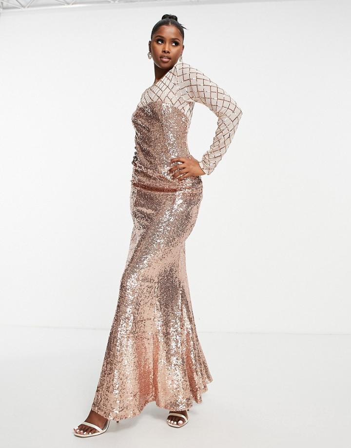 Goddiva Long Sleeved Sequin Maxi Dress With Fishtail In Champagne-pink