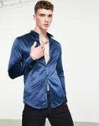 Asos Design Skinny Satin Shirt In Navy