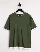 Pull & Bear T-shirt With Double Neck In Khaki-green