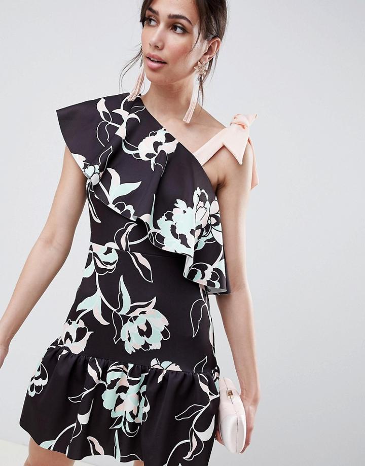 Asos Design Floral One Shoulder Ruffle Mini Dress With Bow Detail - Multi