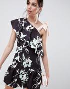 Asos Design Floral One Shoulder Ruffle Mini Dress With Bow Detail - Multi