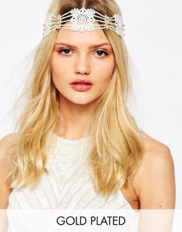 Olivia The Wolf Lace Pearls & Gold Crystal Headband - Cream