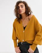 Object Button Sleeve Balloon Sleeve Cardigan-brown