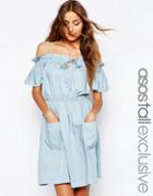 Asos Tall Off Shoulder Swing Dress With Ruched Top - Pale Blue