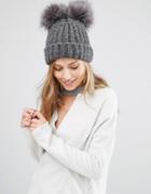 My Accessories Beanie With Double Faux Fur Pom - Gray