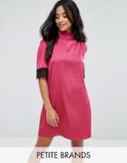 Fashion Union Petite High Neck Fitted Dress With Lace Trim In Satin - Pink