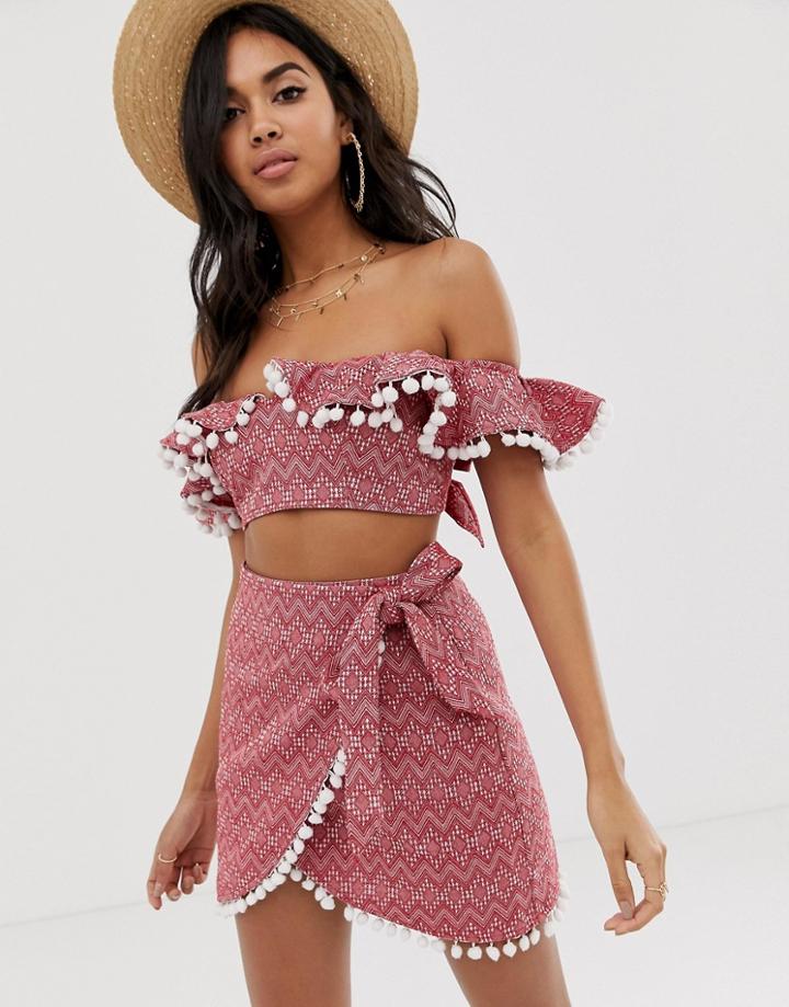 Asos Design Jacquard Pom Pom Frill Beach Two-piece Top - Red