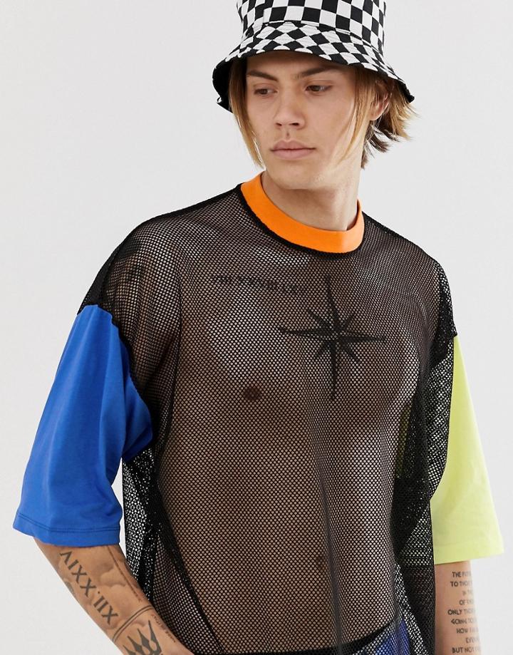 Asos Design Oversized T-shirt In Mesh With Contrast Sleeves-black