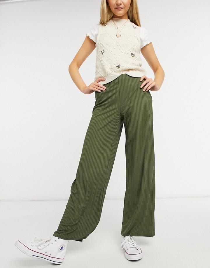 New Look Ribbed Wide Leg Pants In Khaki-green