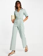 Asos Design Twill Short Sleeve Zip Front Buckle Fit And Flare Jumpsuit In Sage Green