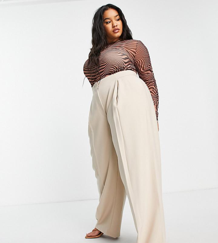Asos Edition Curve Pleat Front Wide Leg Pants In Stone-neutral