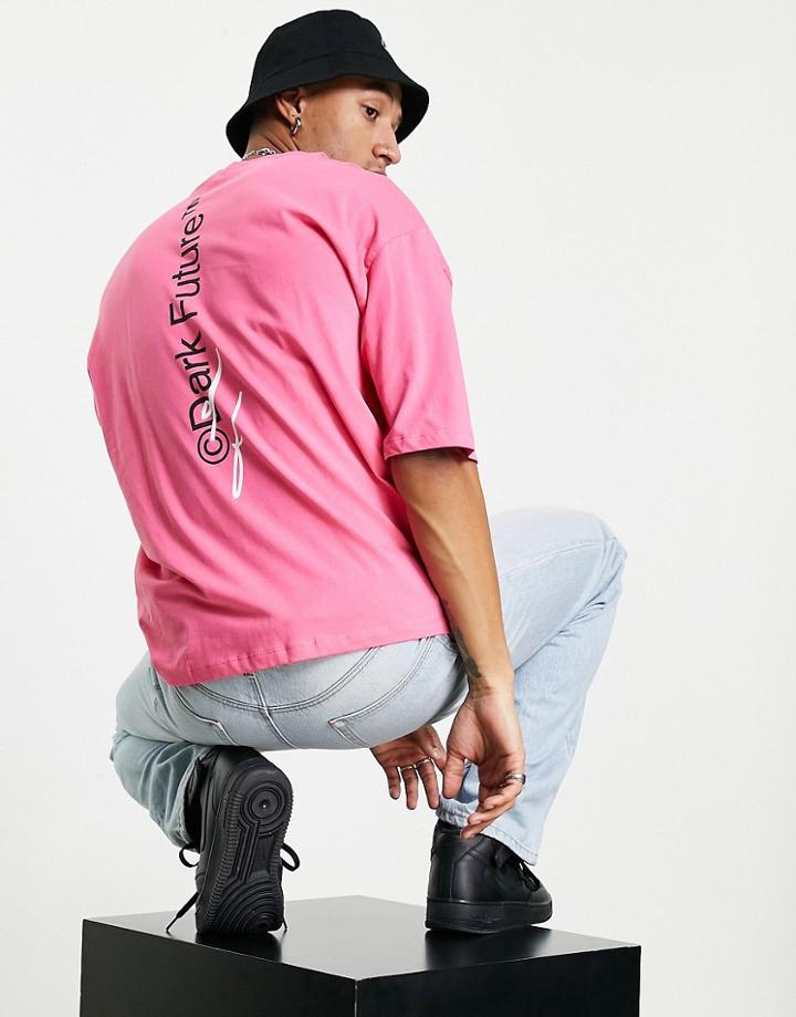Asos Dark Future Oversized T-shirt With Back Logo Spine Print In Hot Pink