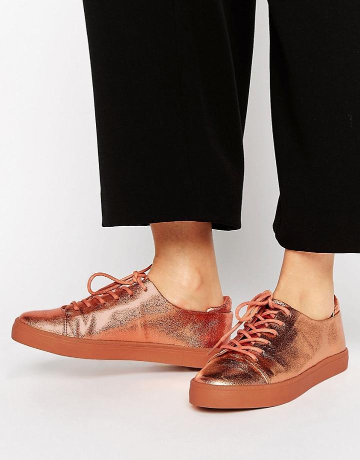 Asos Darley Metallic Clean Lace Up Sneakers - Beige