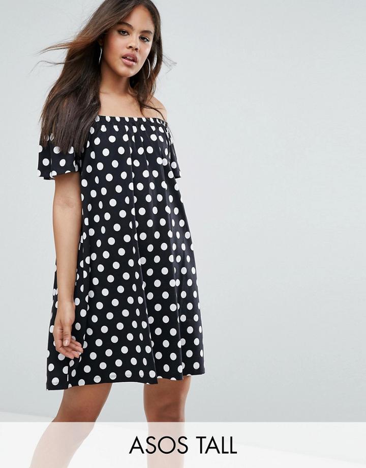 Asos Tall Off Shoulder Sundress In Polka Dot - Black