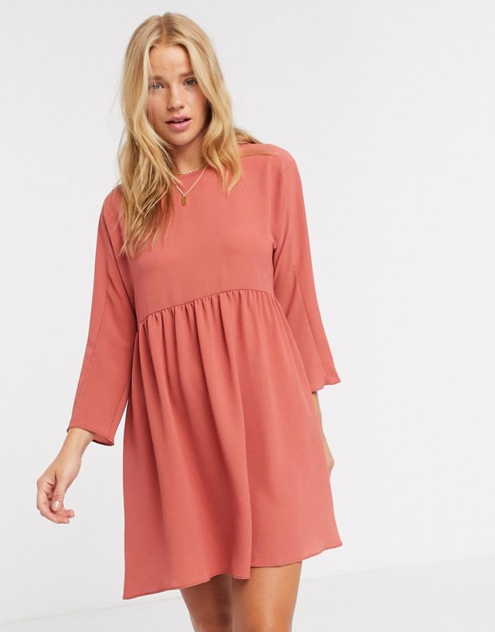 Asos Design Long Sleeve Smock Mini Dress In Terracotta-pink